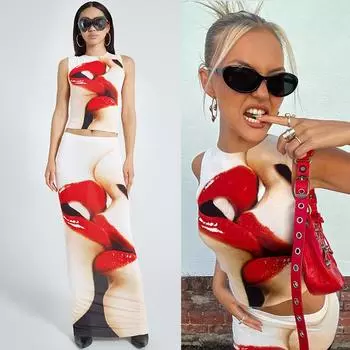 Эстетический принт губ, сексуальный комплект из двух предметов, женский топ без рукавов с круглым вырезом + макси-юбка с низкой посадкой, комплекты Y2k, уличная одежда S красный
