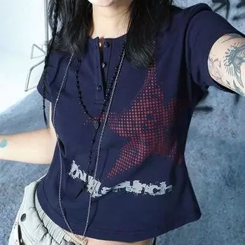 Эстетический укороченный топ Harajuku в японском стиле со звездным узором, футболка с круглым вырезом и короткими рукавами, футболка с графическим рисунком Y2k, женская одежда, уличная одежда L темно-синий