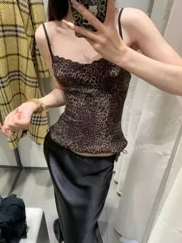 Эстетический винтажный тонкий топ с леопардовым принтом, женские летние сексуальные кружевные короткие топы с открытыми плечами, женские Y2k, популярная девчонка без рукавов, майка на слинге для девочек S чёрный