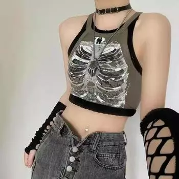 Эстетический жилет без рукавов в рубчик с принтом скелета в стиле кибер-ретро, армейский зеленый укороченный топ, дизайнерская одежда для женщин, лето 2024, эмо S армия зеленый