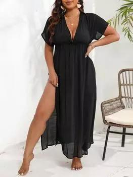 Эстетическое повседневное платье больших размеров с короткими рукавами, женское элегантное платье с V-образным вырезом и открытой вилкой, однотонные платья, женская мода, свободная одежда с открытыми плечами в стиле ретро L чёрный