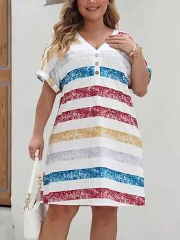 Эстетическое повседневное платье с v-образным вырезом и короткими рукавами, женское летнее винтажное платье больших размеров в полоску, натуральные платья, женский дизайн, шикарная свободная пляжная одежда с принтом XL белый