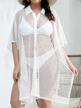 Эстетическое повседневное сетчатое лоскутное платье больших размеров, женская мода, дизайн, свободные платья с короткими рукавами, женское летнее шикарное платье с открытыми лацканами, женская одежда One Size абрикосовый
