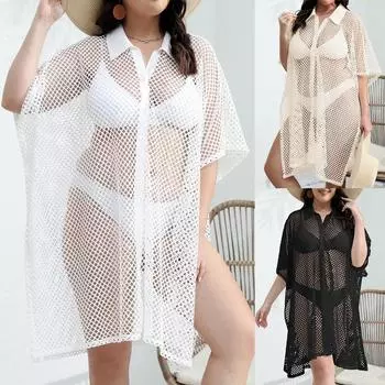 Эстетическое повседневное сетчатое лоскутное платье больших размеров, женская мода, дизайн, свободные платья с короткими рукавами, женское летнее шикарное платье с открытыми лацканами, женская одежда One Size чёрный