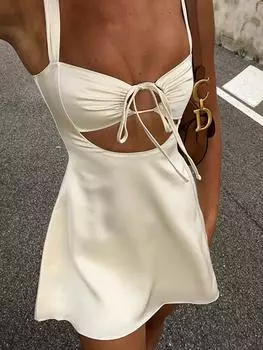 Эстетическое сексуальное тонкое платье на бретельках с морщинами Женская мода Элегантное однотонное платье на шнуровке с открытыми плечами Женский дизайн Ретро Натуральная одежда с открытыми плечами S чёрный