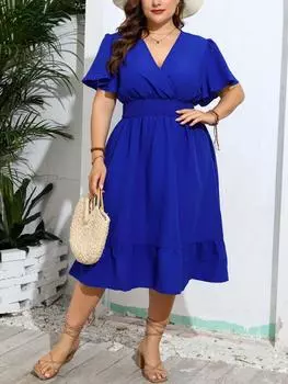 Эстетическое тонкое платье с V-образным вырезом и эластичной талией. Женский дизайн. Повседневные лоскутные платья с короткими рукавами. Женская французская мода. Плюс размер. Свободная одежда. XL синий