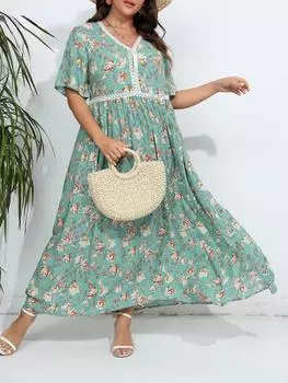 Эстетическое винтажное кружевное лоскутное платье с v-образным вырезом, женское элегантное элегантное повседневное свободное платье с надписью, женский дизайн, шикарная натуральная одежда больших размеров XL чёрный