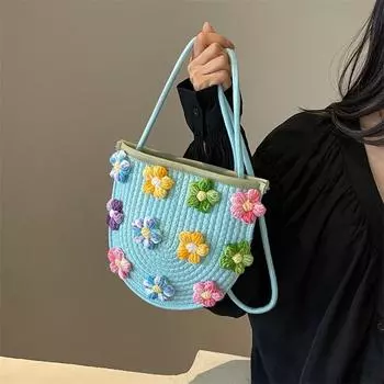 Эстетичная маленькая тканая сумка в лесном стиле с маленьким цветком. Новинка 2024 года. Сумка через плечо в деревенском стиле. Универсальная и милая сумка на одно плечо.