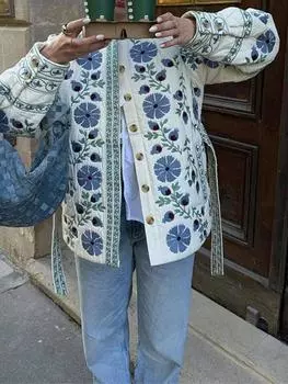 Эстетичная мода на шнуровке, хлопковая уличная куртка, зимняя, новая, с цветочным принтом, кардиган, стеганое пальто, элегантная женская верхняя одежда в стиле Харадзюку Хепберн S синий