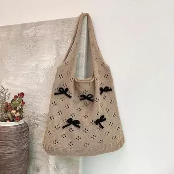 Эстетичная вязаная сумка женская ажурная вязаная крючком сумка с бантом большая вместительная сумка ручной работы летняя пляжная плетеная сумка через плечо 38x35cm бежевый