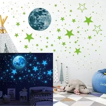 Эстетичные 3D светящиеся наклейки на стену со звездами и луной, светящиеся в темноте флуоресцентные наклейки из ПВХ для дома, детской комнаты, настенные наклейки, декор синий