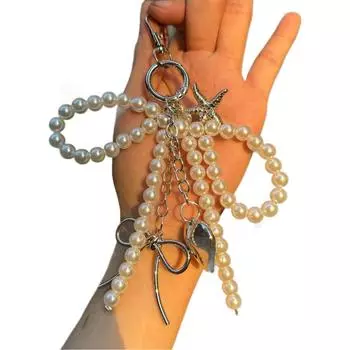 Эстетичные брелоки с бусинами, изящные жемчужины, брелок-шарм с бантиком, элегантный аксессуар для женских ключей от машины