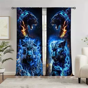 Эстетичный свирепый леопардовый лев 2 шт. Шторы с изображением животных для детей, спальни, офиса, кухни, гостиной, кабинета, оконного оформления, домашнего декора W55 X H120cm X 2&HOOK