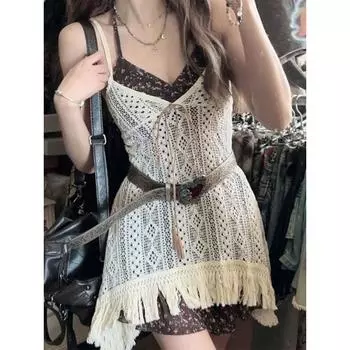 Эстетика 2000-х годов, модная одежда Gyaru, комплект из 2 предметов, платье с цветочным рисунком, шик прерий + вязаные топы с поясом, весна-лето, High Street S бежевый