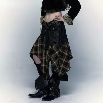 Эстетика гранжа Необычная юбка Японская винтажная клетчатая юбка Y2k Wasteland Punk Лоскутная шикарная юбка Готический Harajuku S чёрный