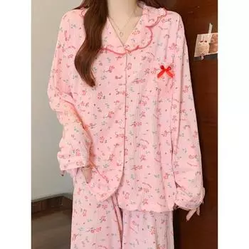 Эстетика розового цвета, модные женские пижамы с цветочным принтом, элегантные кружевные, с красным бантом, для дома, ночная рубашка из молочного шелка M розовый