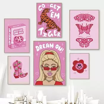 Эстетика Розовые Женщины Бабочка Печать Плакатов Абстрактная Настенная Живопись Маслом Скандинавская Настенная Живопись 21cm30cm NoFrame