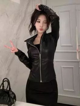 Эстетика Y2k уличная одежда однотонные куртки из искусственной кожи женская мода застежка-молния облегающие укороченные пальто Harajuku повседневные черные панк женские куртки S чёрный