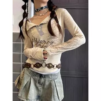 Эстетика Y2k Винтажный принт Женская футболка Harajuku Нерегулярный контрастный цветной верх Повседневные футболки Fairy Grunge Bottoming S бежевый