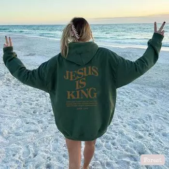 Jesus Is King Autumn And Winter Hoodies For Women, Amazon Hooded Long Sleeved, Double-Sided Letter Printed Women S Clothing S коричневый