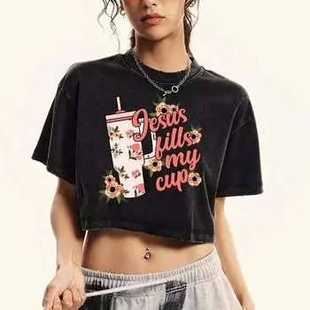 Jesus Large Capacity Cup Printing Washed T Shirt Women Summer Soft Top Trendy Short Sleeve Street Cotton Woman Tee Shirts M