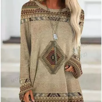 Этническая футболка с 3d принтом, женские модные футболки, повседневные топы с длинными рукавами, футболки с графическим принтом, свободные винтажные футболки в стиле Харадзюку S