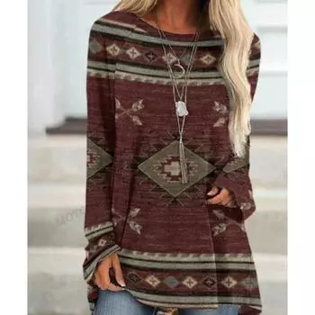 Этническая футболка с 3d принтом, женские модные футболки, повседневные топы с длинными рукавами, футболки с графическим принтом, свободные винтажные футболки в стиле Харадзюку S