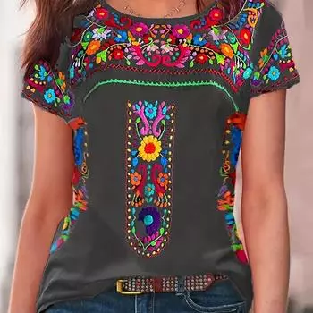 Этническая футболка с принтом, богемная летняя популярная крутая и дышащая женская одежда с круглым вырезом и короткими рукавами. XS
