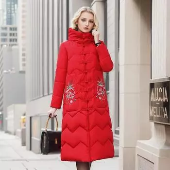 Этническая хлопковая стеганая одежда зимняя полиэстер хлопок длинная вышитая пряжка капюшон куртка ретро хлопковая стеганая куртка заводские продажи M чёрный