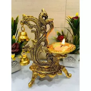 Этническая латунная дия с резным дизайном павлина и колокольчиком, антикварная латунная масляная лампа, латунные дии для дома, размер - 8 дюймов, стандартный, упаковка из 1 шт.