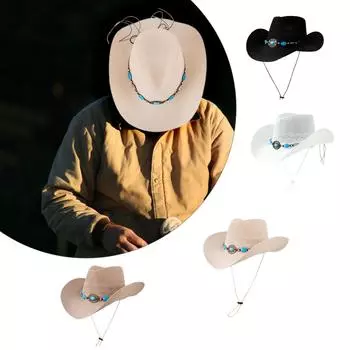 Этническая соломенная шляпа с поясом из драгоценных камней для женщин и мужчин, винтажная ковбойская шляпа, солнцезащитная шляпа в стиле вестерн, пляжная соломенная шляпа ручной работы для отпуска бежевый