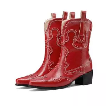 Этническая вышивка ковбойские сапоги женские блочные средние каблуки без застежек красные ковбойские сапоги обувь 34