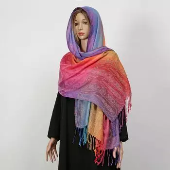 Этническая жаккардовая шаль: Мягкий хлопок и лен, длинная кисточка, ретро-цветной шарф/платок для путешествий 200*68cm