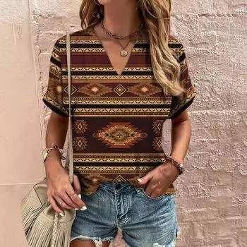 Этническая женская футболка, летняя футболка с V-образным вырезом и коротким рукавом, свободный повседневный топ, новая винтажная футболка с коротким рукавом для женщин, одежда, рубашка S