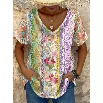 Этническая женская футболка с винтажным цветочным принтом, модная, с короткими рукавами и V-образным вырезом, обычные топы с принтом на каждый день, летние повседневные топы S