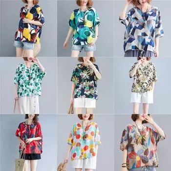 Этническая женская летняя блузка с круглым вырезом и половиной рукавом с цветочным принтом, повседневная свободная футболка, топы M красный