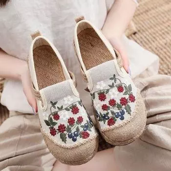 Этническая женская обувь на плоской подошве без шнуровки для женщин, дышащая парусиновая льняная подошва, прогулочная повседневная обувь, лоферы 36 чёрный