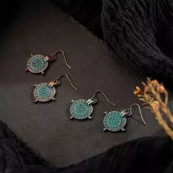 Этнические 1 пара, изысканные серьги в форме колеса с гравировкой, золотые, серебряные серьги с резьбой, висячие, неровности, для женщин и девочек, винтажные, Индия серебряный