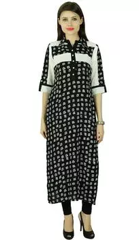 Этнические 3 4 рукава Kurti Bollywood Spiral Rayon Tunic Kurta Women Dress Top 10 чёрный