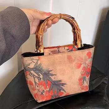 Этнические цветочные холщовые сумки для женщин женственная сумка-тоут с деревянной ручкой дизайн с принтом новая мода