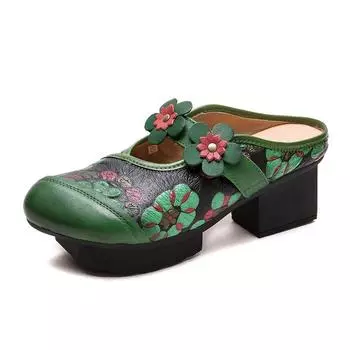 Этнические цветочные кожаные мюли для женщин в стиле ретро на толстом каблуке удобные сабо 35 красный