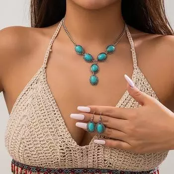 Этнические комплекты ювелирных изделий Vinatge, модные роскошные бирюзовые камни, кулон, ожерелье, комплект серег, элегантные женские обручальные кольца, ювелирные изделия, подарок синий