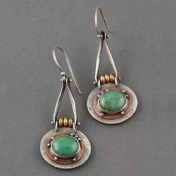 Этнические металлические серьги овальной формы с зеленым камнем, женские винтажные двухцветные серьги-капли по индивидуальному заказу, ювелирные изделия