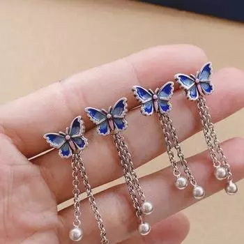 Этнические ретро синие бабочки с кисточками висячие серьги для женщин 100% стерлингового серебра 925 пробы с эмалью длинные серьги EH137 серебряный