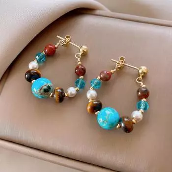 Этнические серьги из искусственной бирюзы в стиле капли воды, текстурированные, с бусинами, серьги-капли, аксессуар для ушей, ювелирное украшение, камень неправильной формы