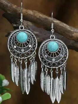 Этнические серьги Ловец снов Серьги с кисточками из листа Бирюзовые серьги Серьги с кисточками из перьев One Size серебряный
