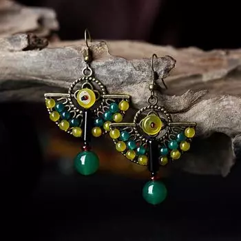 Этнические серьги, серьги-капли с зеленым и желтым камнем для женщин, медные висячие серьги, винтажные ювелирные изделия, мода