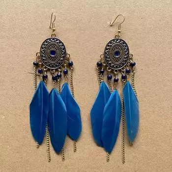 Этнические серьги Женственность Длинные серьги с перьями Серьги с бахромой Подвески для ушей Юньнань Лицзян Путешествие Отпуск Серьги темно-синий