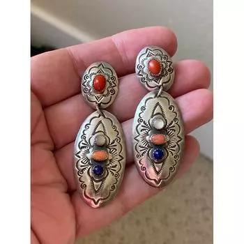 Этнические серебряные серьги с овальным узором и резьбой, висячие серьги для женщин, винтажные серьги с инкрустацией цветными камнями, ювелирные изделия