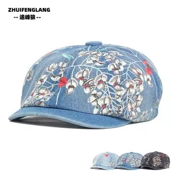 Этнический берет, женская выстиранная джинсовая шляпа с цветочным принтом, восьмиугольная шляпа, модная шляпа художника, британская шляпа Forward adjustable чёрный